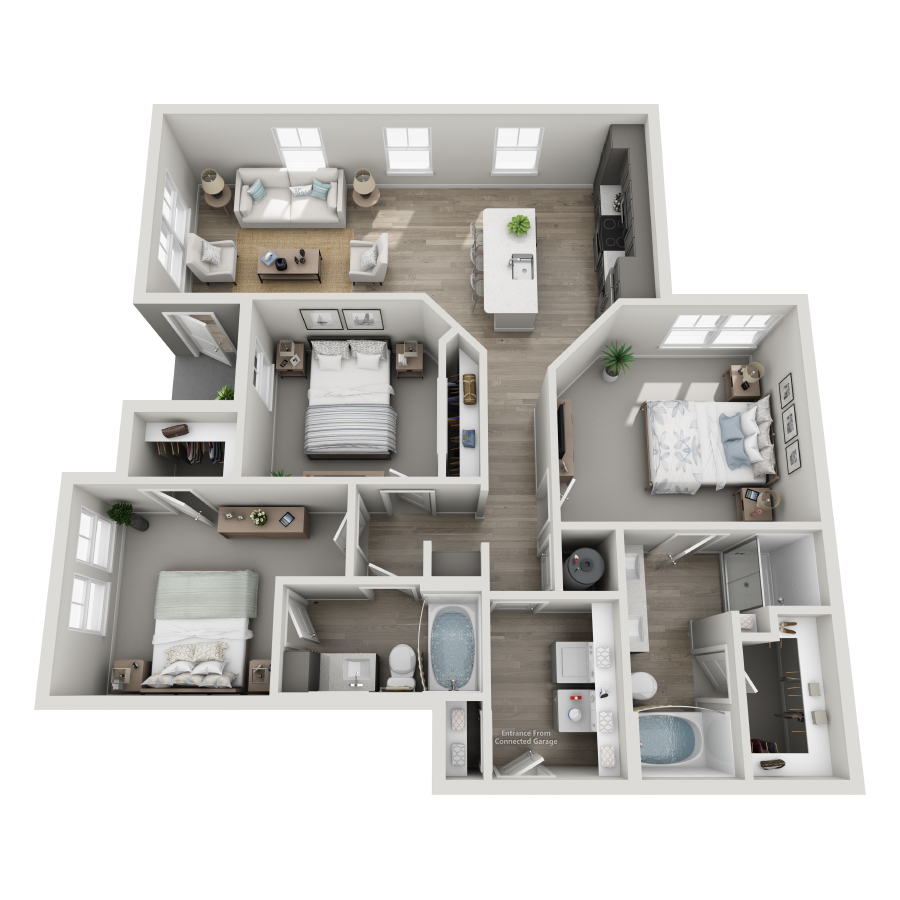 Rendering of the C1 floor plan with 3 bedroom[s] and 2 bathroom[s] at Milo (Garden)